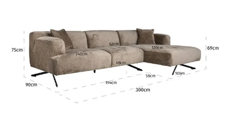 Couch Donovan S5139 3-Sitzer + Lounge rechts in Taupe Chenille